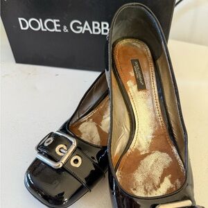 Dolce & Gabbana Black Patent Leather Flats with Silver Buckle